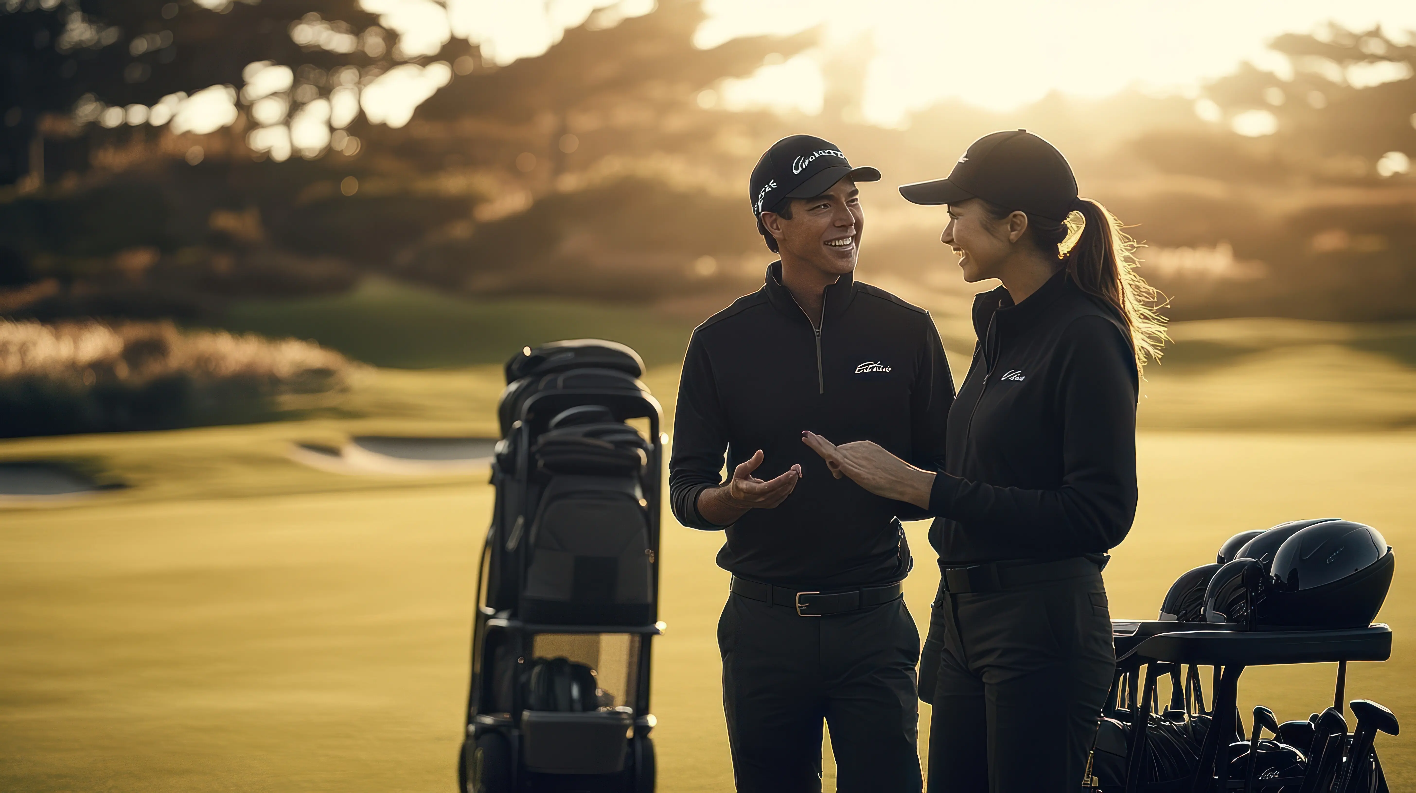 Two golfers talking on a green with golf carts.